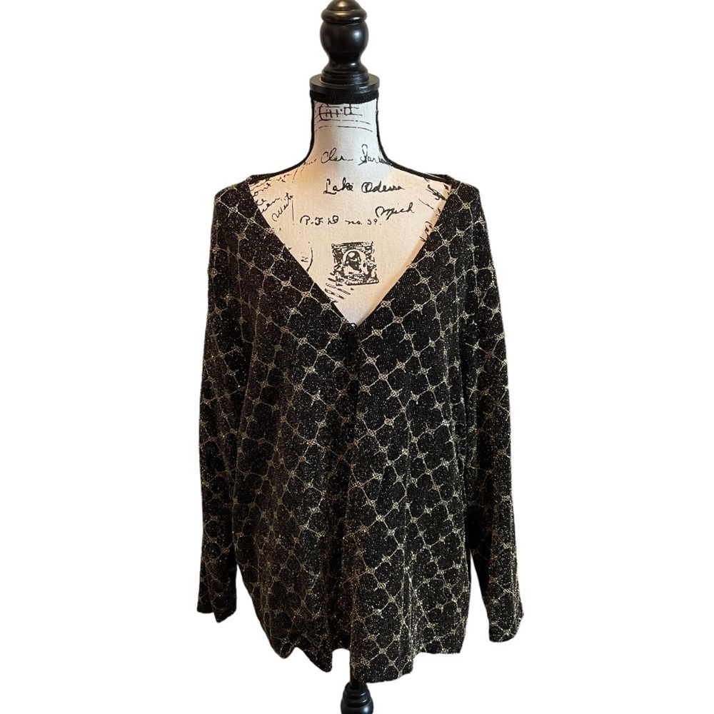 August Max Woman Cardigan Shirt Black Gold Metallic Size 2X stretch Formal
